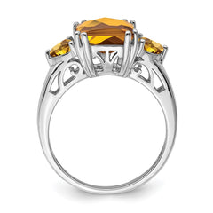 Sterling Silver Rhodium Checker-Cut Whiskey Quartz Ring