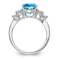 Sterling Silver Rhodium Diam. & Blue Topaz Ring