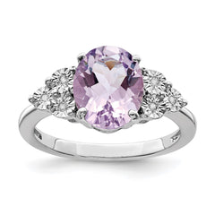 Sterling Silver Rhodium Diam. & Pink Quartz Ring