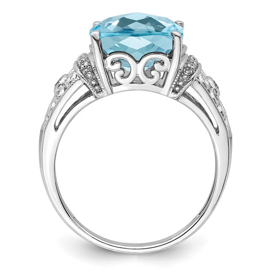 Sterling Silver Rhodium Diam. & Checker-Cut Sky Blue Topaz Ring