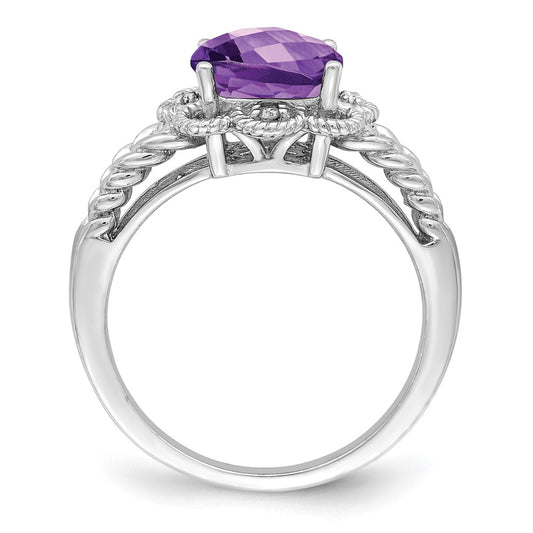 Sterling Silver Rhodium-plated Checker-Cut Amethyst & Diamond Ring