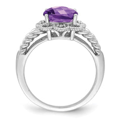 Sterling Silver Rhodium-plated Checker-Cut Amethyst & Diamond Ring
