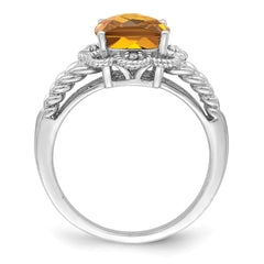 Sterling Silver Rhodium Checker-Cut Whiskey Quartz & Diam. Ring