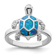 Sterling Silver Rhodium-plated Created Blue Opal Turtle Ring