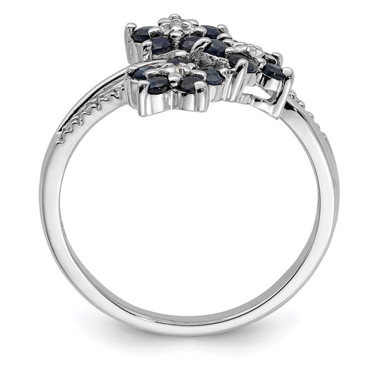 Sterling Silver Rhodium-plated 3 Flower Sapphire and Diamond Ring