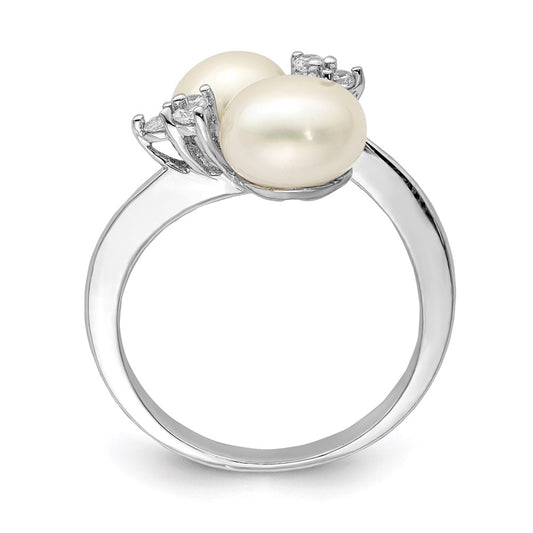 Sterling Silver Rhodium-plated 8-9mm White Button Freshwater Cultured Pearl and CZ Ring