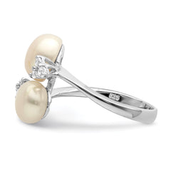 Sterling Silver Rhodium-plated 8-9mm White Button Freshwater Cultured Pearl and CZ Ring