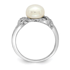 Sterling Silver Rhodium-plated 8-9mm White Button Freshwater Cultured Pearl and CZ Ring