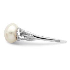 Sterling Silver Rhodium-plated 8-9mm White Button Freshwater Cultured Pearl and CZ Ring