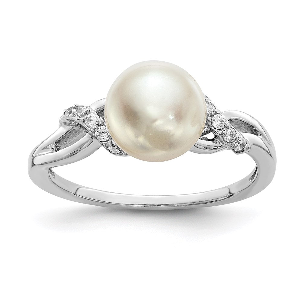 Sterling Silver Rhodium-plated 8-9mm White Button Freshwater Cultured Pearl and CZ Ring
