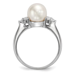 Sterling Silver Rhodium-plated 8-9mm White Button Freshwater Cultured Pearl and CZ Ring