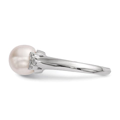 Sterling Silver Rhodium-plated 8-9mm White Button Freshwater Cultured Pearl and CZ Ring