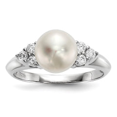 Sterling Silver Rhodium-plated 8-9mm White Button Freshwater Cultured Pearl and CZ Ring