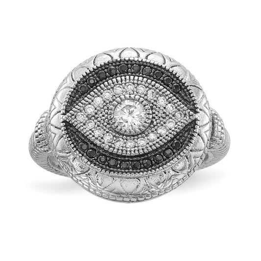 Sterling Silver Rhodium-plated Black and White CZ Evil Eye Ring