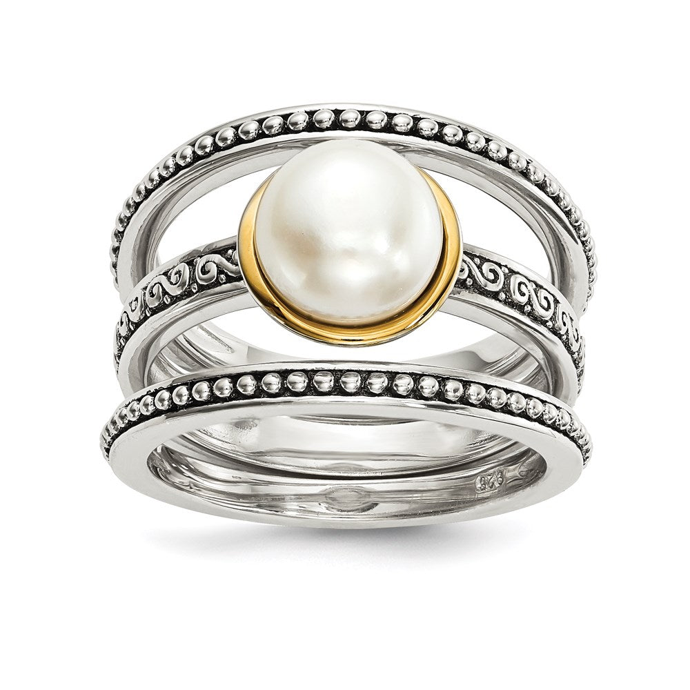 Sterling Silver w/14k Antiqued 8mm Button FWC Pearl Set of 3 Rings