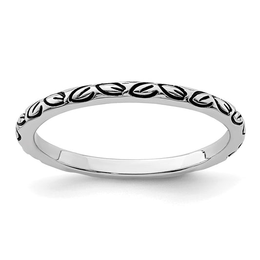 Sterling Silver Rhodium-plated Antiqued Leaf Band