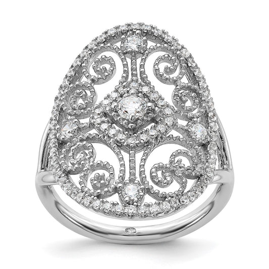 Sterling Silver Rhodium-plated CZ Filigree Oval Ring