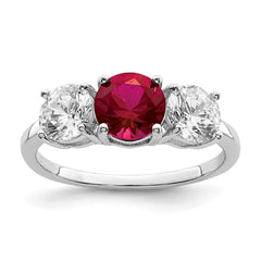 Sterling Silver Rhodium-plated Created Corundum & CZ 3 Stone Ring