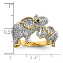 Sterling Silver Rhodium-plated Gold Tone Mom & Baby CZ Elephants Ring