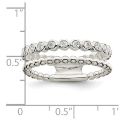 Sterling Silver Polished CZ Beaded Double Fancy Ring