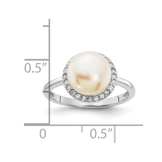 Sterling Silver Rhodium-plated 9-10mm Button White Freshwater Cultured Pearl and CZ Ring