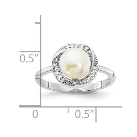 Sterling Silver Rhodium-plated 7-8mm Button White Freshwater Cultured Pearl and CZ Ring