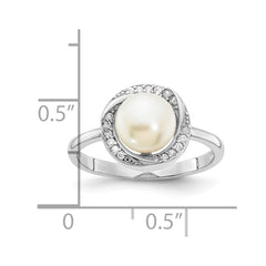 Sterling Silver Rhodium-plated 7-8mm Button White Freshwater Cultured Pearl and CZ Ring