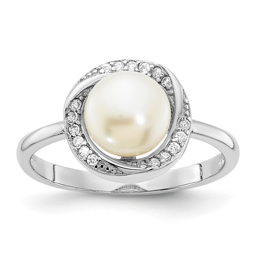 Sterling Silver Rhodium-plated 7-8mm Button White Freshwater Cultured Pearl and CZ Ring