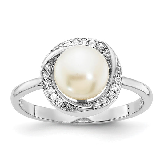 Sterling Silver Rhodium-plated 7-8mm Button White Freshwater Cultured Pearl and CZ Ring