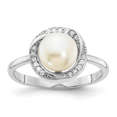 Sterling Silver Rhodium-plated 7-8mm Button White Freshwater Cultured Pearl and CZ Ring