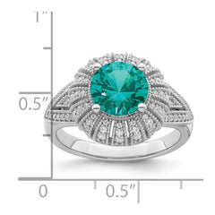 Sterling Silver Rhodium-plated Clear and Teal CZ Vintage Style Ring