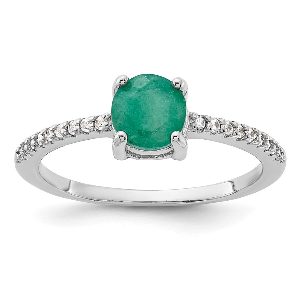 Sterling Silver Rh-plated-plated 1.0EM Emerald and .12WT White Topaz Ring