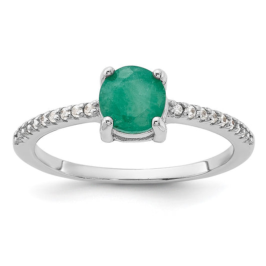 Sterling Silver Rh-plated-plated 1.0EM Emerald and .12WT White Topaz Ring