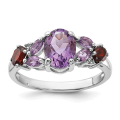 Sterling Silver Rh-plated Amethyst Pk Quartz Garnet and White Topaz Ring