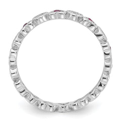 SS Rhodium-plated .14Lab Cr. Ruby and .27Cr. Wh Sapphire Heart Ring