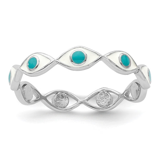 Sterling Silver Rhodium-plated with Enamel Evil Eye Ring
