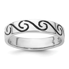 Sterling Silver Rhodium-plated Antiqued Wave Design 4.5mm Band Ring