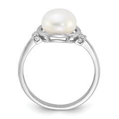 Sterling Silver Rhodium-plated 8-9mm White Button Freshwater Cultured Pearl and CZ Circle Ring