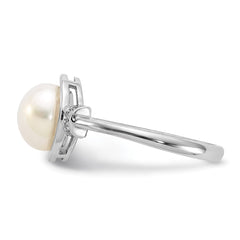 Sterling Silver Rhodium-plated 8-9mm White Button Freshwater Cultured Pearl and CZ Circle Ring