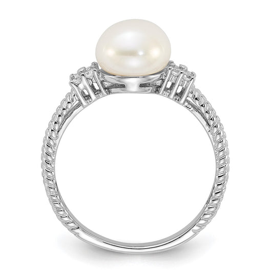 Sterling Silver Rhodium-plated 8-9mm White Button Freshwater Cultured Pearl and CZ Ring