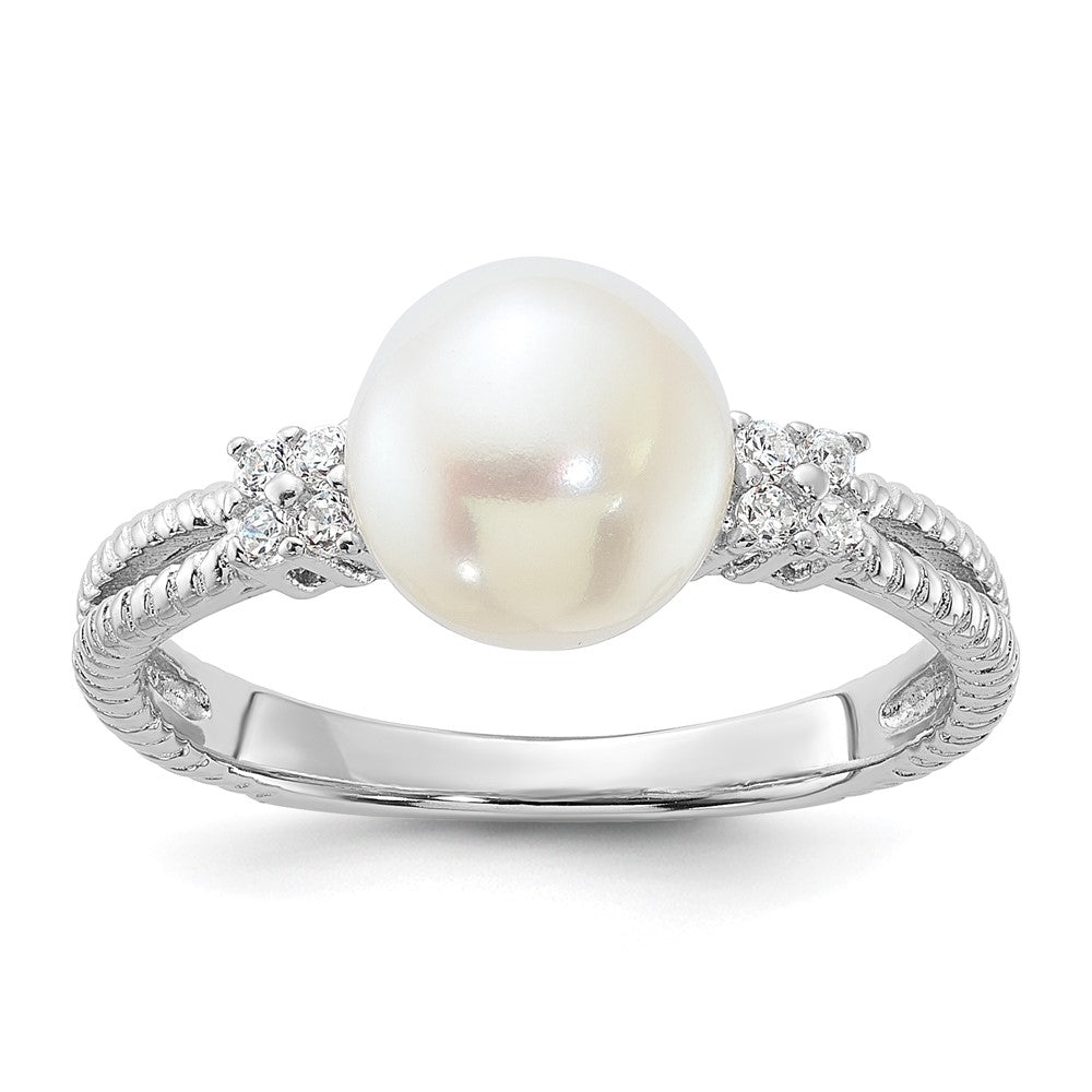 Sterling Silver Rhodium-plated 8-9mm White Button Freshwater Cultured Pearl and CZ Ring