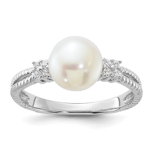 Sterling Silver Rhodium-plated 8-9mm White Button Freshwater Cultured Pearl and CZ Ring