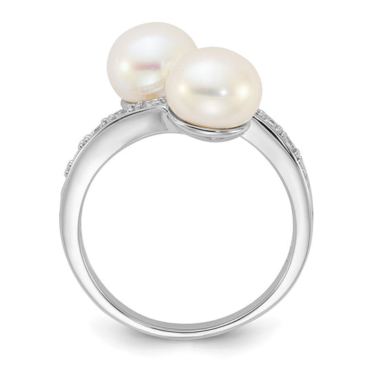 Sterling Silver Rhodium-plated 8-9mm White Button Freshwater Cultured Pearl and CZ Bypass Ring