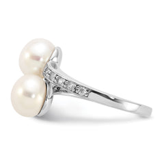 Sterling Silver Rhodium-plated 8-9mm White Button Freshwater Cultured Pearl and CZ Bypass Ring
