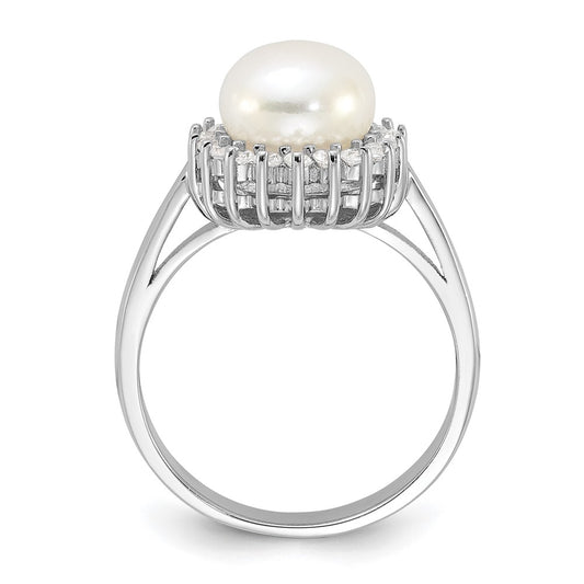Sterling Silver Rhodium-plated 8-9mm White Freshwater Cultured Pearl and CZ Ring