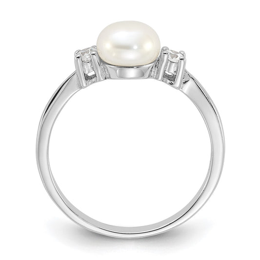 Sterling Silver Rhodium-plated 6-7mm White Freshwater Cultured Pearl and CZ Ring