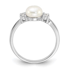 Sterling Silver Rhodium-plated 6-7mm White Freshwater Cultured Pearl and CZ Ring