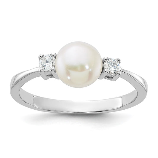 Sterling Silver Rhodium-plated 6-7mm White Freshwater Cultured Pearl and CZ Ring