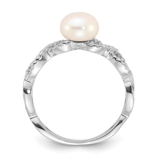 Sterling Silver Rhodium-plated 7-8mm White Freshwater Cultured Pearl and CZ Infinity Ring