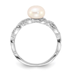 Sterling Silver Rhodium-plated 7-8mm White Freshwater Cultured Pearl and CZ Infinity Ring